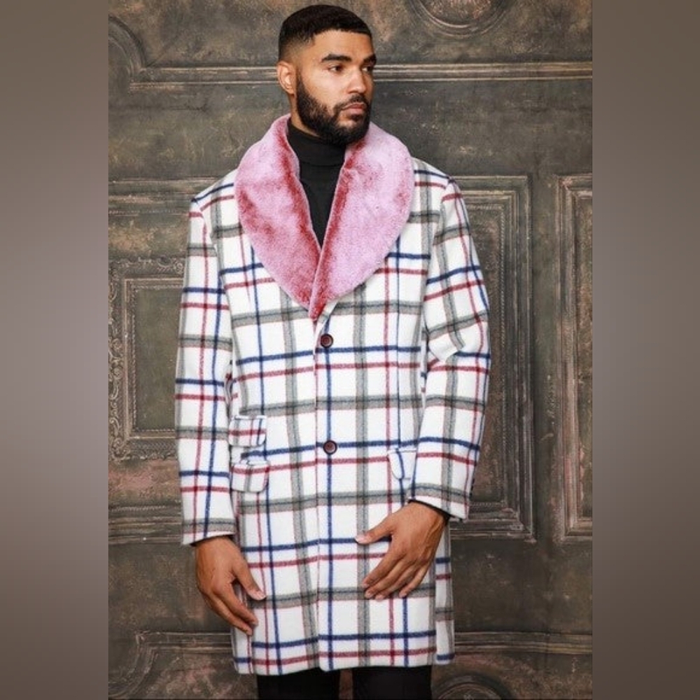 Men's Manzini White | Red | Navy Striped Faux Fur Overcoat NWT
